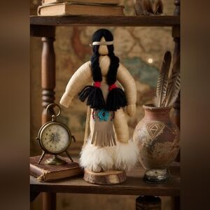 Vintage Iroquois Corn Husk Doll Beaded Leather Fur Native Folk Art 9"